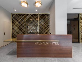 Lobby reception desk with decorative lattice wall
